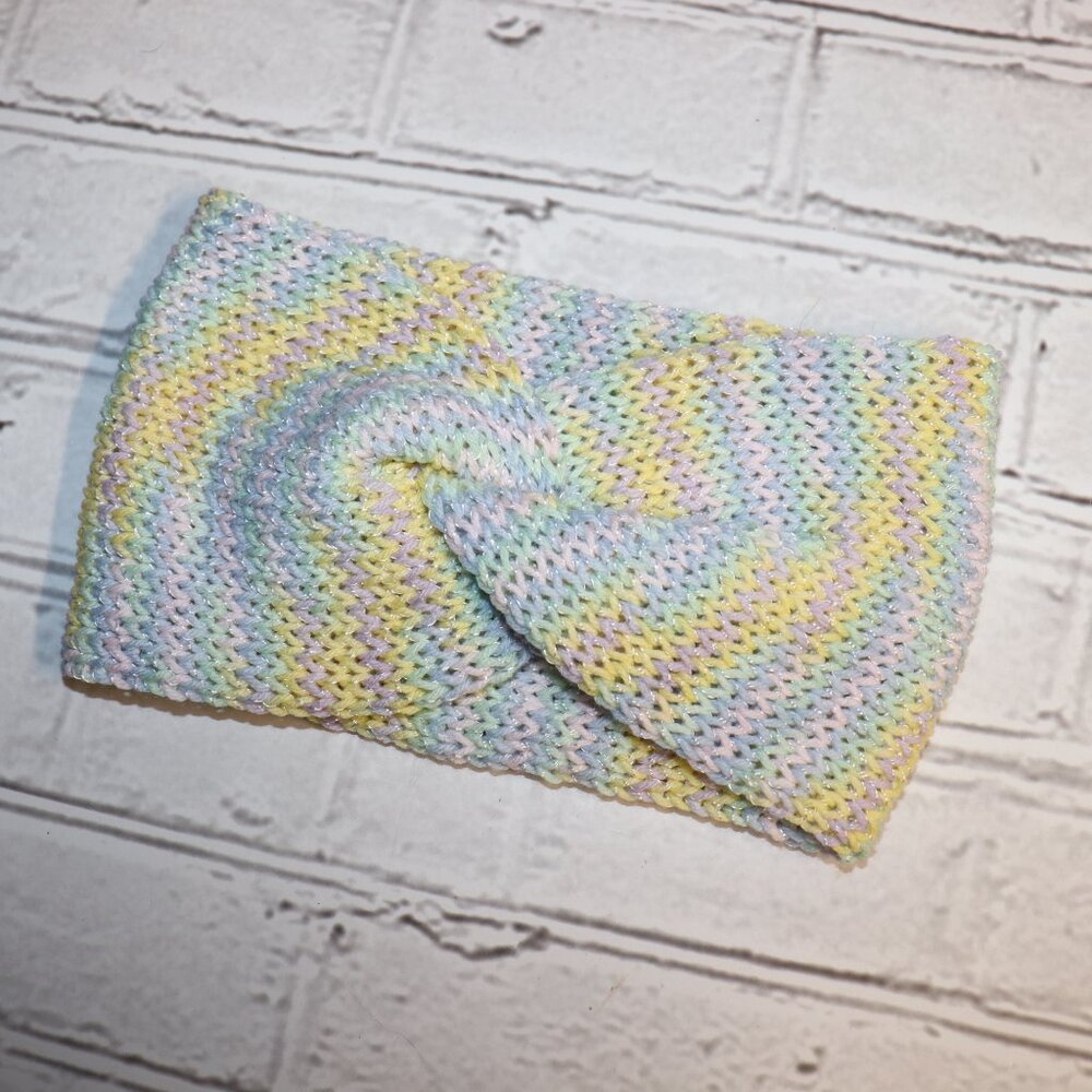 🌈🌀 Twisted Knit Headband – Rainbow Stripes · Handmade · One Size